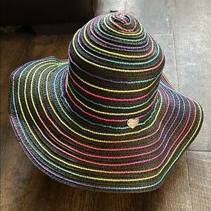 Betsey Johnson Women’s Colorful Neon Rainbow Stripes Sun Beach Summer Hat Floppy